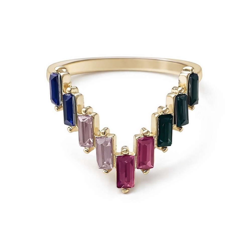5/$15 🩷 MUST BUNDLE Gold Multicolor Stones Baguette V-Stack Ring - Women Jewelry